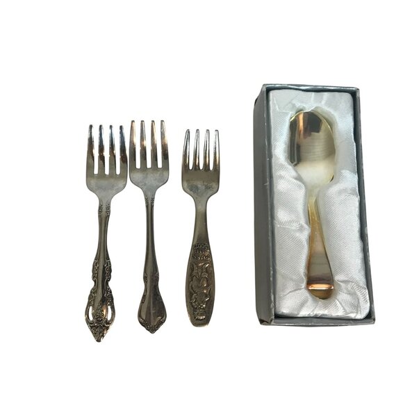 Baby Silverware Lot 3 Forks & 1 Spoon Vintage Stainless & Silverplate Regal & On - Picture 1 of 12
